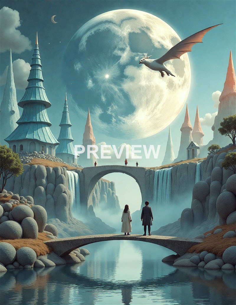 A fantastical landscape featuring a large moon in the sky, a dragon flying near it, a stone bridge over a river, and castle-like structures with spire roofs surrounded by rocky formations and waterfalls.